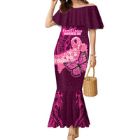 Polynesia Breast Cancer Mermaid Dress Butterfly and Flowers Ribbon Maori Tattoo Ethnic Pink Style LT03 Women Pink - Polynesian Pride