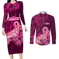 Custom Polynesia Breast Cancer Couples Matching Long Sleeve Bodycon Dress and Long Sleeve Button Shirts Butterfly and Flowers Ribbon Maori Tattoo Ethnic Pink Style LT03 Pink - Polynesian Pride