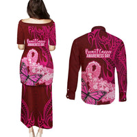 Polynesia Breast Cancer Couples Matching Puletasi Dress and Long Sleeve Button Shirts Butterfly and Flowers Ribbon Maori Tattoo Ethnic Red Style LT03 - Polynesian Pride