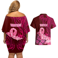 Custom Polynesia Breast Cancer Couples Matching Off Shoulder Short Dress and Hawaiian Shirt Butterfly and Flowers Ribbon Maori Tattoo Ethnic Red Style LT03 - Polynesian Pride
