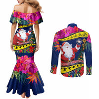 Cook Island Christmas Couples Matching Mermaid Dress and Long Sleeve Button Shirt Santa Claus Mix Maroro and Kakaia Hibiscus Flower Maori Pattern LT03 - Polynesian Pride