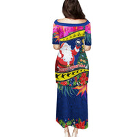 Cook Island Christmas Family Matching Puletasi Dress and Hawaiian Shirt Santa Claus Mix Maroro and Kakaia Hibiscus Flower Maori Pattern LT03 - Polynesian Pride
