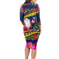 Cook Island Christmas Long Sleeve Bodycon Dress Santa Claus Mix Maroro and Kakaia Hibiscus Flower Maori Pattern LT03 - Polynesian Pride