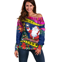 Cook Island Christmas Off Shoulder Sweater Santa Claus Mix Maroro and Kakaia Hibiscus Flower Maori Pattern LT03 Women Blue - Polynesian Pride