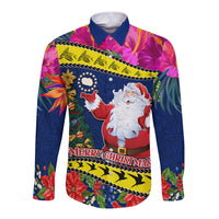 Personalised Cook Island Christmas Long Sleeve Button Shirt Santa Claus Mix Maroro and Kakaia Hibiscus Flower Maori Pattern LT03 Unisex Blue - Polynesian Pride