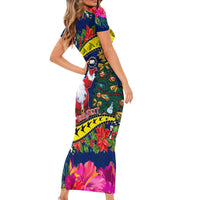 Personalised Cook Island Christmas Short Sleeve Bodycon Dress Santa Claus Mix Maroro and Kakaia Hibiscus Flower Maori Pattern LT03 - Polynesian Pride