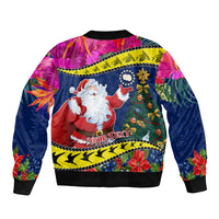 Personalised Cook Island Christmas Sleeve Zip Bomber Jacket Santa Claus Mix Maroro and Kakaia Hibiscus Flower Maori Pattern LT03 - Polynesian Pride