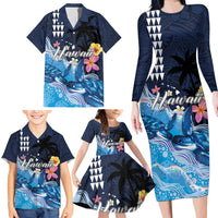 Hawaiian Honu Honi Ihu Family Matching Long Sleeve Bodycon Dress and Hawaiian Shirt With Plumeria and Kakau Art Pattern