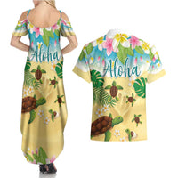 Aloha Turtle Family on The Beach Couples Matching Summer Maxi Dress and Hawaiian Shirt with Hawaiian Colorful Plumeria