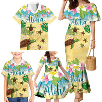 Aloha Turtle Family on The Beach Family Matching Mermaid Dress and Hawaiian Shirt with Hawaiian Colorful Plumeria