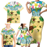 Aloha Turtle Family on The Beach Family Matching Short Sleeve Bodycon Dress and Hawaiian Shirt with Hawaiian Colorful Plumeria