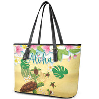 Aloha Turtle Family on The Beach Leather Tote Bag with Hawaiian Colorful Plumeria