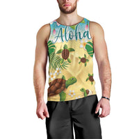 Aloha Turtle Family on The Beach Men Tank Top with Hawaiian Colorful Plumeria