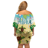 Aloha Turtle Family on The Beach Off Shoulder Short Dress with Hawaiian Colorful Plumeria