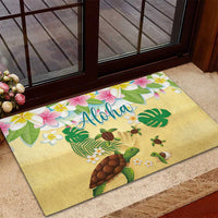 Aloha Turtle Family on The Beach Rubber Doormat with Hawaiian Colorful Plumeria