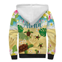 Aloha Turtle Family on The Beach Sherpa Hoodie with Hawaiian Colorful Plumeria