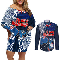 New Zealand Waitangi Couples Matching Off Shoulder Short Dress and Long Sleeve Button Shirt Te Ra O Waitangi Maori Kiwis Bird LT03 Blue - Polynesian Pride