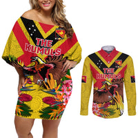 Custom Papua New Guinea Rugby Couples Matching Off Shoulder Short Dress and Long Sleeve Button Shirt Bird of Paradise and Hibiscus Polynesian Pattern Yellow Color LT03 Yellow - Polynesian Pride
