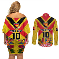 Custom Papua New Guinea Rugby Couples Matching Off Shoulder Short Dress and Long Sleeve Button Shirt Bird of Paradise and Hibiscus Polynesian Pattern Yellow Color LT03 - Polynesian Pride
