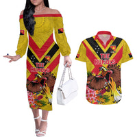 Custom Papua New Guinea Rugby Couples Matching Off The Shoulder Long Sleeve Dress and Hawaiian Shirt Bird of Paradise and Hibiscus Polynesian Pattern Yellow Color LT03