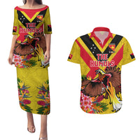 Custom Papua New Guinea Rugby Couples Matching Puletasi and Hawaiian Shirt Bird of Paradise and Hibiscus Polynesian Pattern Yellow Color LT03