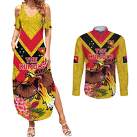 Custom Papua New Guinea Rugby Couples Matching Summer Maxi Dress and Long Sleeve Button Shirt Bird of Paradise and Hibiscus Polynesian Pattern Yellow Color LT03
