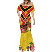Custom Papua New Guinea Rugby Mermaid Dress Bird of Paradise and Hibiscus Polynesian Pattern Yellow Color LT03