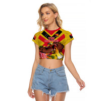 Custom Papua New Guinea Rugby Raglan Cropped T Shirt Bird of Paradise and Hibiscus Polynesian Pattern Yellow Color LT03