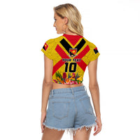 Custom Papua New Guinea Rugby Raglan Cropped T Shirt Bird of Paradise and Hibiscus Polynesian Pattern Yellow Color LT03