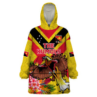 Custom Papua New Guinea Rugby Wearable Blanket Hoodie Bird of Paradise and Hibiscus Polynesian Pattern Yellow Color LT03