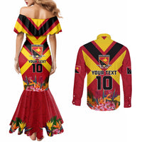 Custom Papua New Guinea Rugby Couples Matching Mermaid Dress and Long Sleeve Button Shirt Bird of Paradise and Hibiscus Polynesian Pattern Red Color LT03 - Polynesian Pride