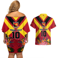 Custom Papua New Guinea Rugby Couples Matching Off Shoulder Short Dress and Hawaiian Shirt Bird of Paradise and Hibiscus Polynesian Pattern Red Color LT03 - Polynesian Pride