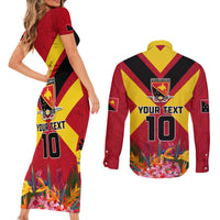 Custom Papua New Guinea Rugby Couples Matching Short Sleeve Bodycon Dress and Long Sleeve Button Shirt Bird of Paradise and Hibiscus Polynesian Pattern Red Color LT03