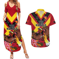 Custom Papua New Guinea Rugby Couples Matching Summer Maxi Dress and Hawaiian Shirt Bird of Paradise and Hibiscus Polynesian Pattern Red Color LT03