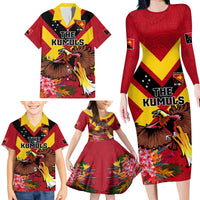 Custom Papua New Guinea Rugby Family Matching Long Sleeve Bodycon Dress and Hawaiian Shirt Bird of Paradise and Hibiscus Polynesian Pattern Red Color LT03 - Polynesian Pride