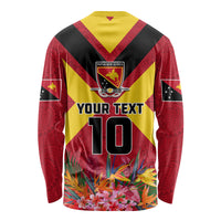 Custom Papua New Guinea Rugby Long Sleeve Shirt Bird of Paradise and Hibiscus Polynesian Pattern Red Color LT03