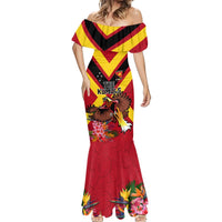 Custom Papua New Guinea Rugby Mermaid Dress Bird of Paradise and Hibiscus Polynesian Pattern Red Color LT03 - Polynesian Pride
