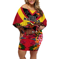 Custom Papua New Guinea Rugby Off Shoulder Short Dress Bird of Paradise and Hibiscus Polynesian Pattern Red Color LT03 Women Red - Polynesian Pride