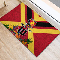 Custom Papua New Guinea Rugby Rubber Doormat Bird of Paradise and Hibiscus Polynesian Pattern Red Color