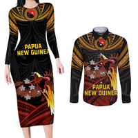 Papua New Guinea Bird-of-Paradise Couples Matching Long Sleeve Bodycon Dress and Long Sleeve Button Shirt Coat of Arms and Tribal Patterns LT03 Black - Polynesian Pride