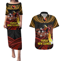 Papua New Guinea Bird-of-Paradise Couples Matching Puletasi and Hawaiian Shirt Coat of Arms and Tribal Patterns LT03 Black - Polynesian Pride
