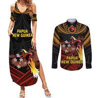 Papua New Guinea Bird-of-Paradise Couples Matching Summer Maxi Dress and Long Sleeve Button Shirt Coat of Arms and Tribal Patterns LT03 Black - Polynesian Pride