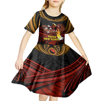 Papua New Guinea Bird-of-Paradise Kid Short Sleeve Dress Coat of Arms and Tribal Patterns LT03 - Polynesian Pride
