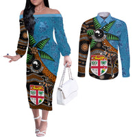 Fiji and Australia Couples Matching Off The Shoulder Long Sleeve Dress and Long Sleeve Button Shirt Fijian and Aboriginal mix Culture LT03 Blue - Polynesian Pride