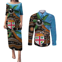 Fiji and Australia Couples Matching Puletasi and Long Sleeve Button Shirt Fijian and Aboriginal mix Culture LT03 Blue - Polynesian Pride