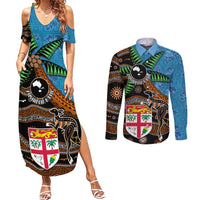 Fiji and Australia Couples Matching Summer Maxi Dress and Long Sleeve Button Shirt Fijian and Aboriginal mix Culture LT03 Blue - Polynesian Pride