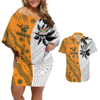 Custom Fiji and Australia Rugby Couples Matching Off Shoulder Short Dress and Hawaiian Shirt Tapa Mix Aboriginal Pattern Half Style LT03 White - Polynesian Pride