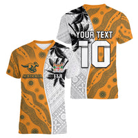 Custom Fiji and Australia Rugby Women V-Neck T-Shirt Tapa Mix Aboriginal Pattern Half Style