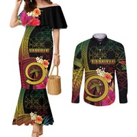 Vanuatu Independence Day Couples Matching Mermaid Dress and Long Sleeve Button Shirt Sand Drawing Melanesian Vibes LT03 Black - Polynesian Pride