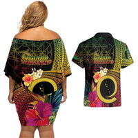 Vanuatu Independence Day Couples Matching Off Shoulder Short Dress and Hawaiian Shirt Sand Drawing Melanesian Vibes LT03 - Polynesian Pride